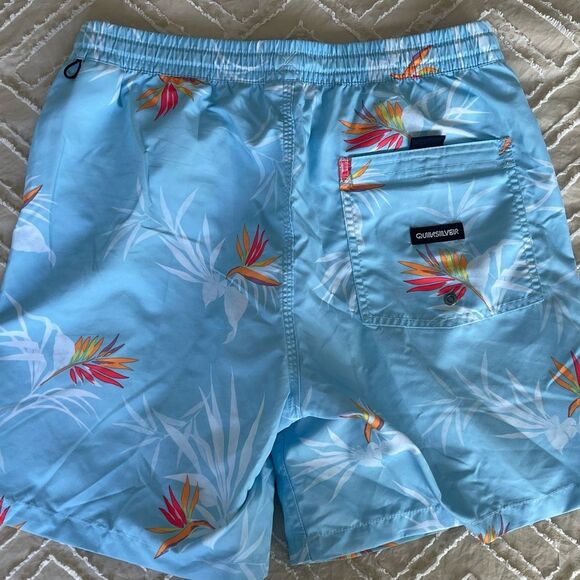 Quiksilver Blue and Orange Swim Trunks with Tropical Floral Design - Picture 2 of 7